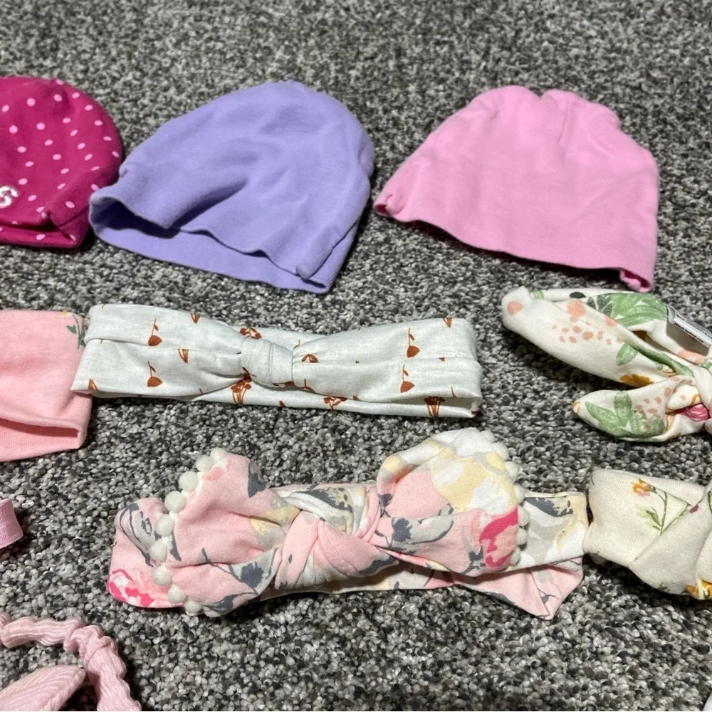 Large Lot Of 47 Baby Girl Headbands Bows & 5 Hats Infant & Toddler Stretch